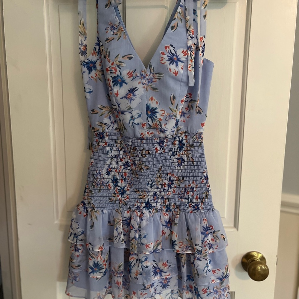 Amanda Uprichard Blue Smocked Sundress V-Neck Mini